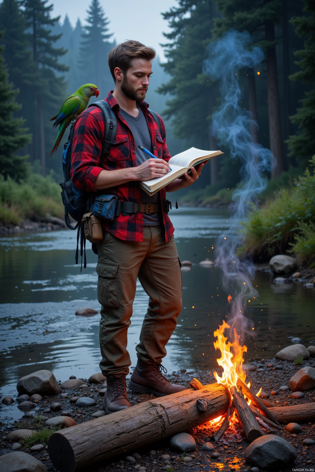 A man writes in a notebook near a campfire by a river.