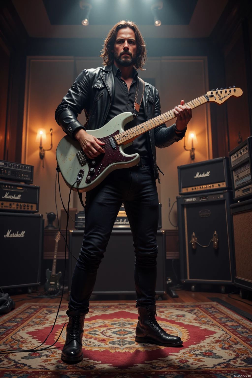 A musician stands in a warmly lit room, holding a guitar, with Marshall amplifiers and a patterned rug in the background.