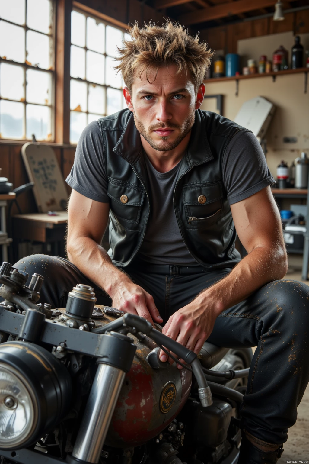 A man in a leather vest and jeans sits on a motorcycle in a workshop.