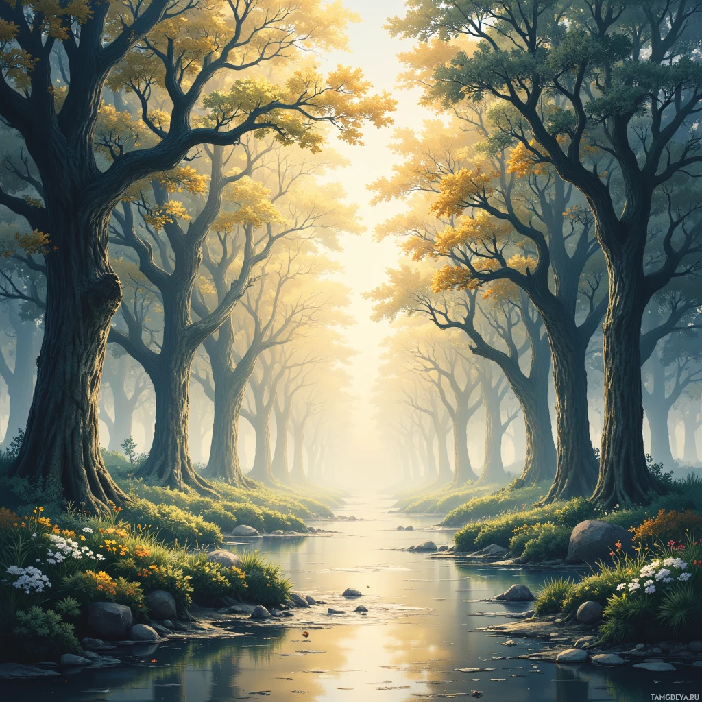 A serene forest scene with tall trees, a calm river, and soft sunlight filtering through the foliage.