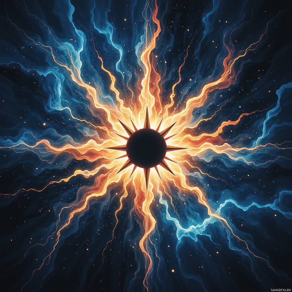 A vibrant cosmic scene with a central starburst emitting fiery and ethereal rays against a dark, star-speckled background.