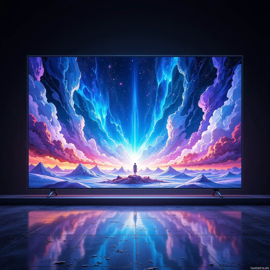 A large flat-screen TV displays a vibrant, cosmic landscape with a person standing on a mountain peak.
