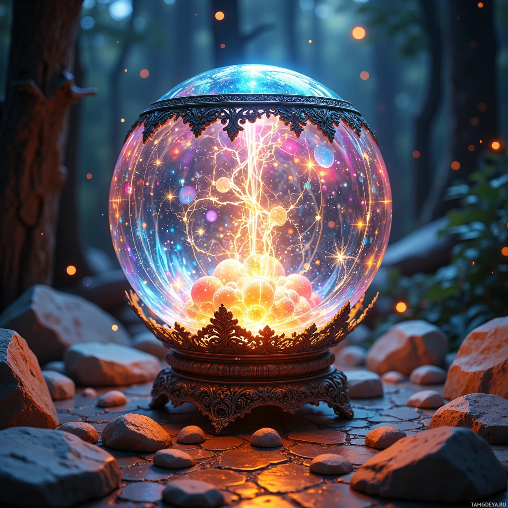 A glowing crystal ball with intricate designs sits on a stone path in a forest setting.