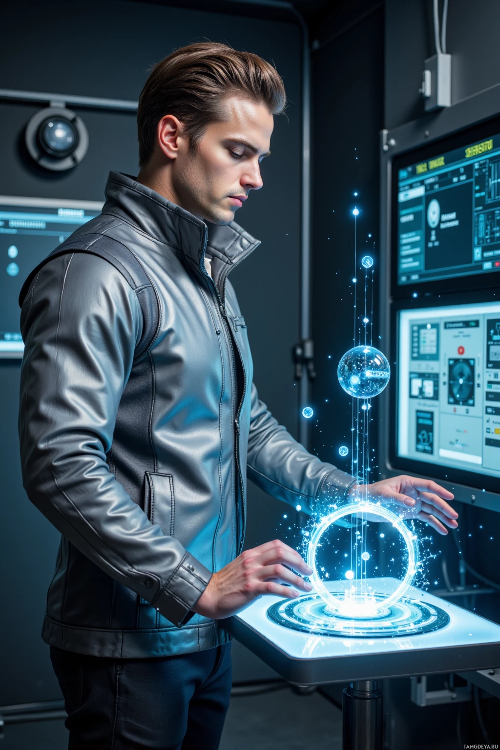 A man in a leather jacket interacts with a futuristic, glowing interface in a high-tech environment.