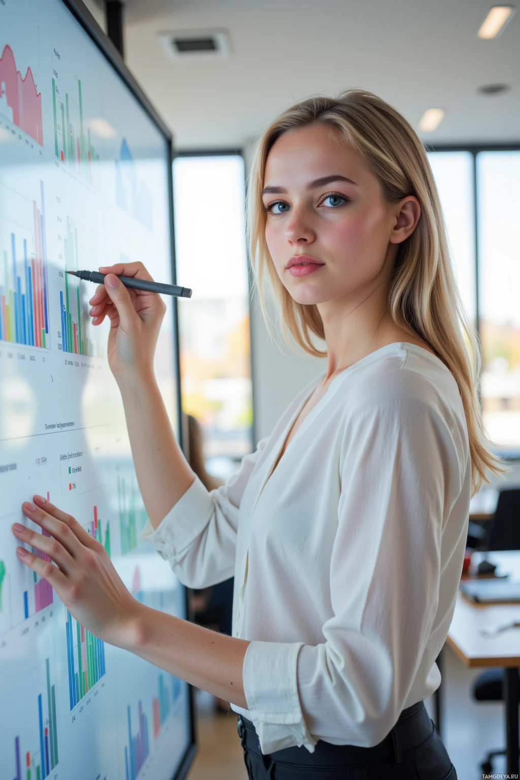 A woman in a white blouse stands in front of a large screen displaying graphs and charts, holding a pen.