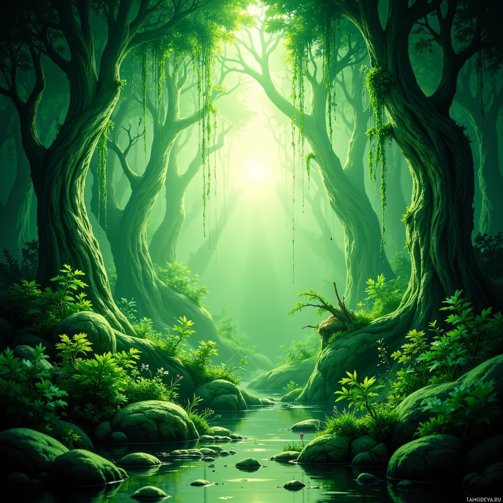 A serene forest scene with lush greenery, hanging vines, and sunlight filtering through the trees.