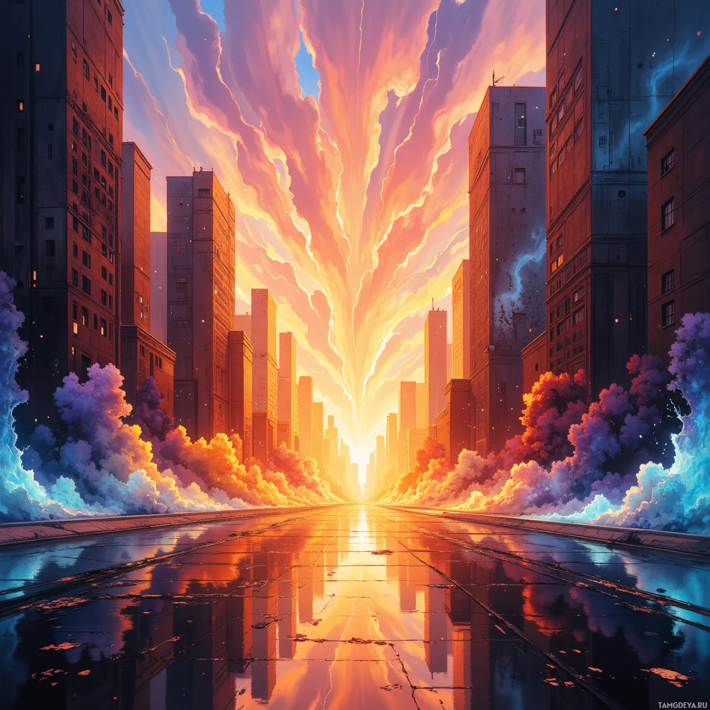 A vibrant cityscape with tall buildings and a dramatic sky reflecting on a wet street.