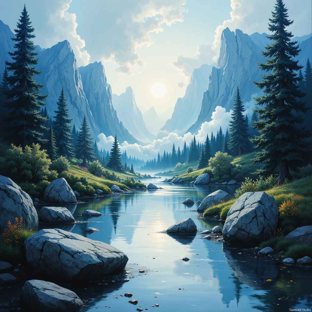 A serene landscape featuring a calm river, lush greenery, towering mountains, and a bright sun in the sky.