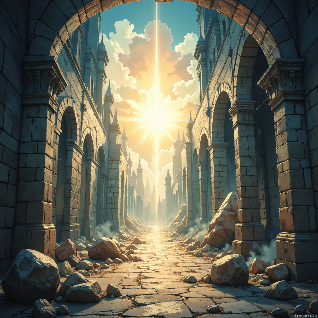 A sunlit, ancient stone pathway leads through arches towards a bright, glowing horizon.