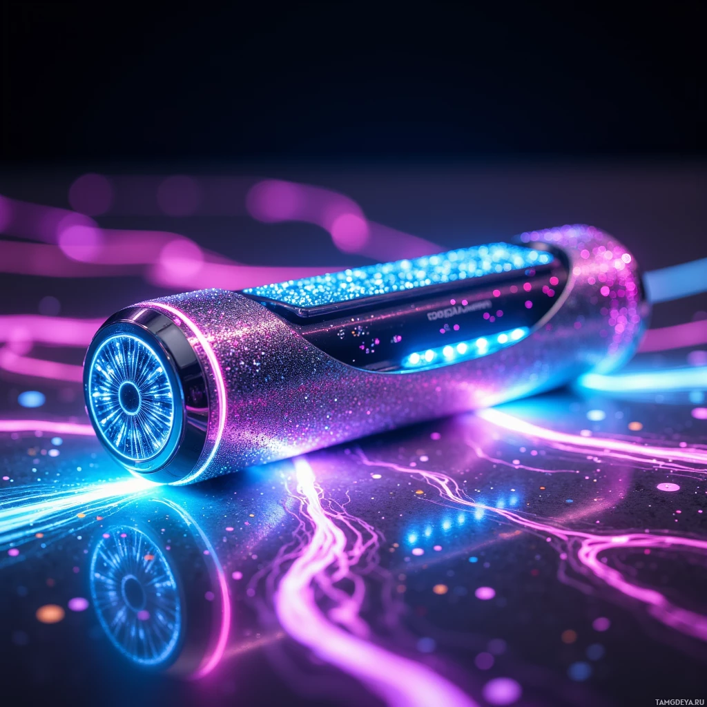 A futuristic, glittery object with glowing blue and purple lights against a dark background.