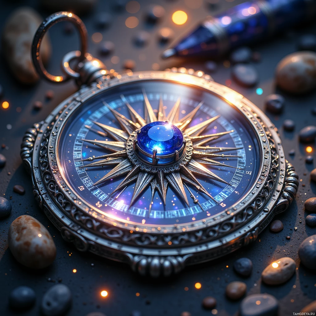 A detailed, ornate compass with a glowing blue gem at its center, surrounded by small stones and a dark, textured surface.