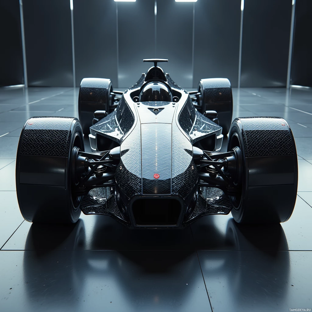 A sleek, futuristic racing car with a low profile and large wheels is displayed in a dark, modern setting.