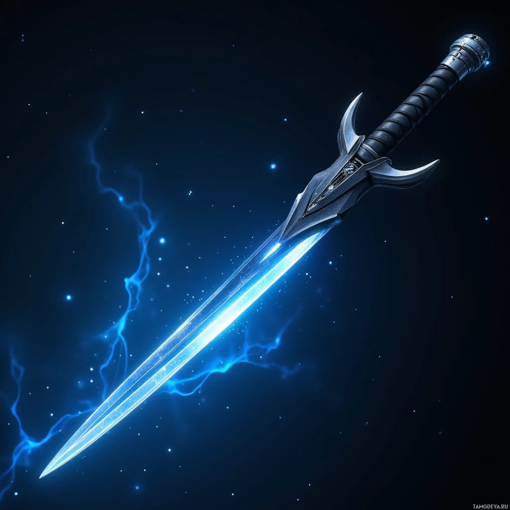A glowing blue sword with a lightning effect against a dark background.