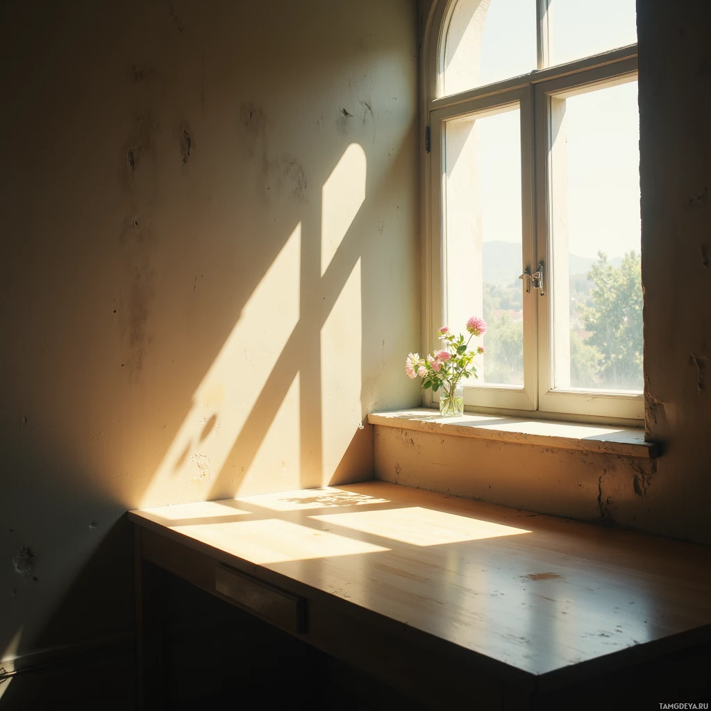A sunlit window with a vase of pink flowers on the sill.