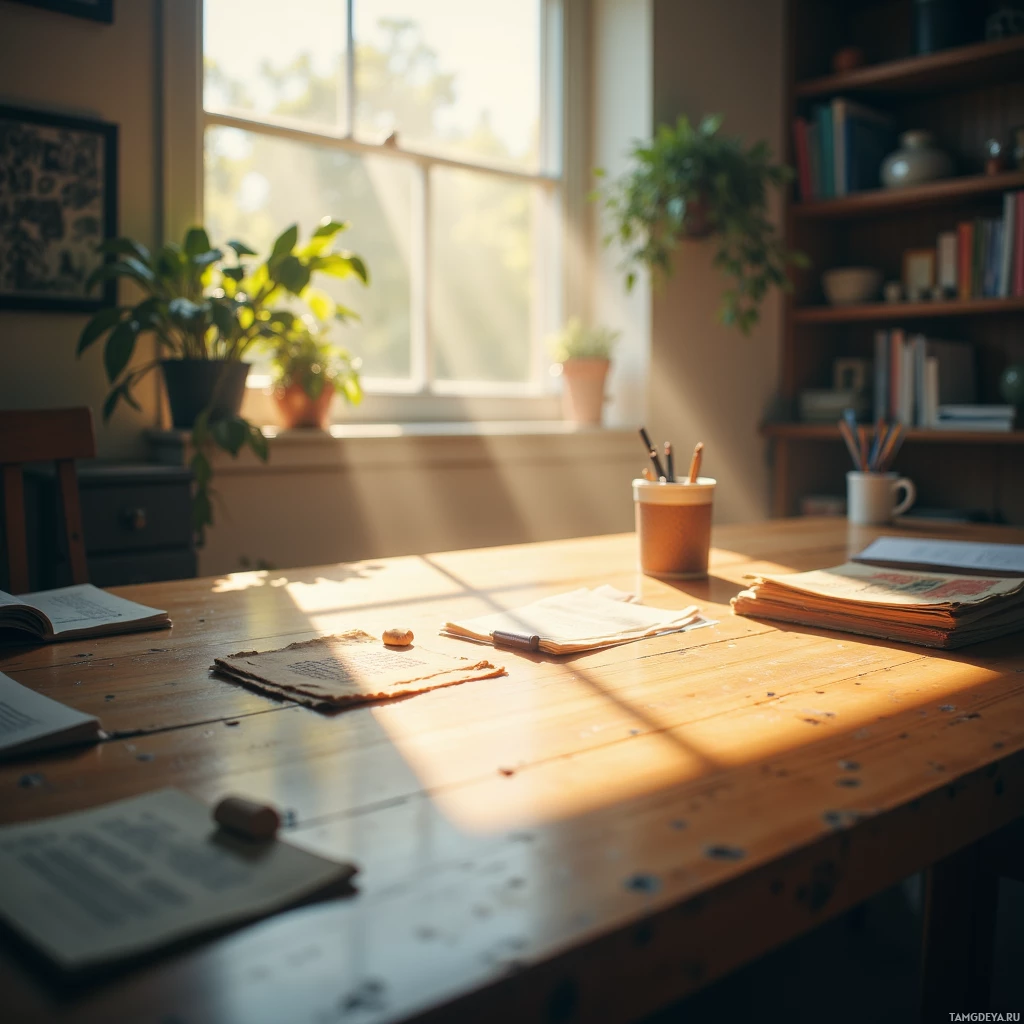 A cozy workspace with sunlight streaming through a window, featuring a wooden desk, books, a mug, and a pencil holder.