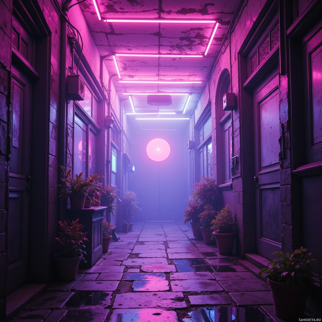A dimly lit alleyway with neon pink lights and potted plants.