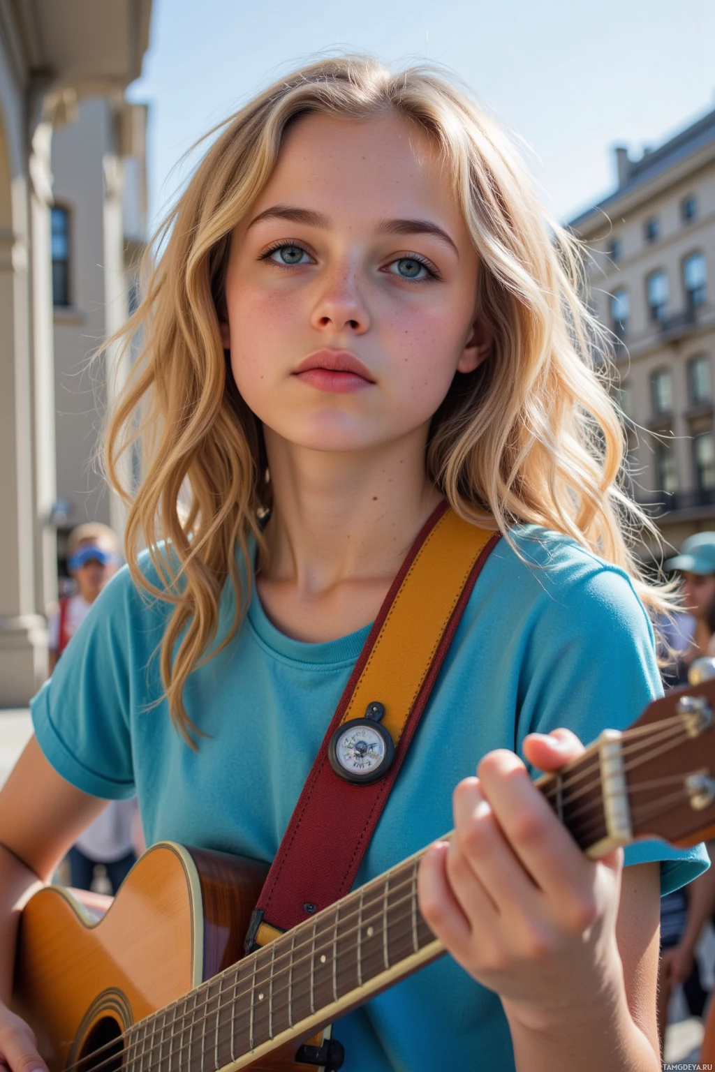 A young person with blonde hair wearing a blue shirt and holding a guitar.