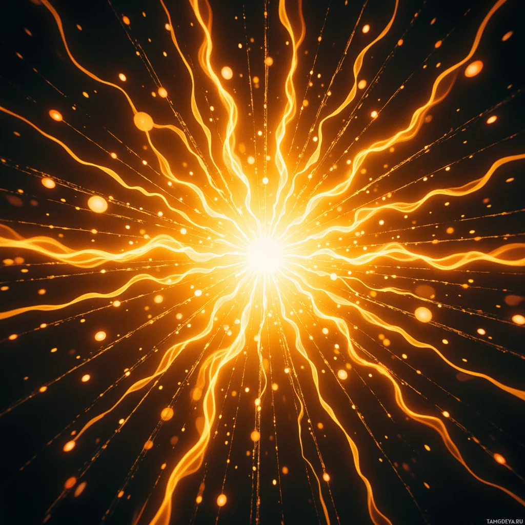 An abstract image featuring radiating, wavy lines and glowing particles against a dark background.