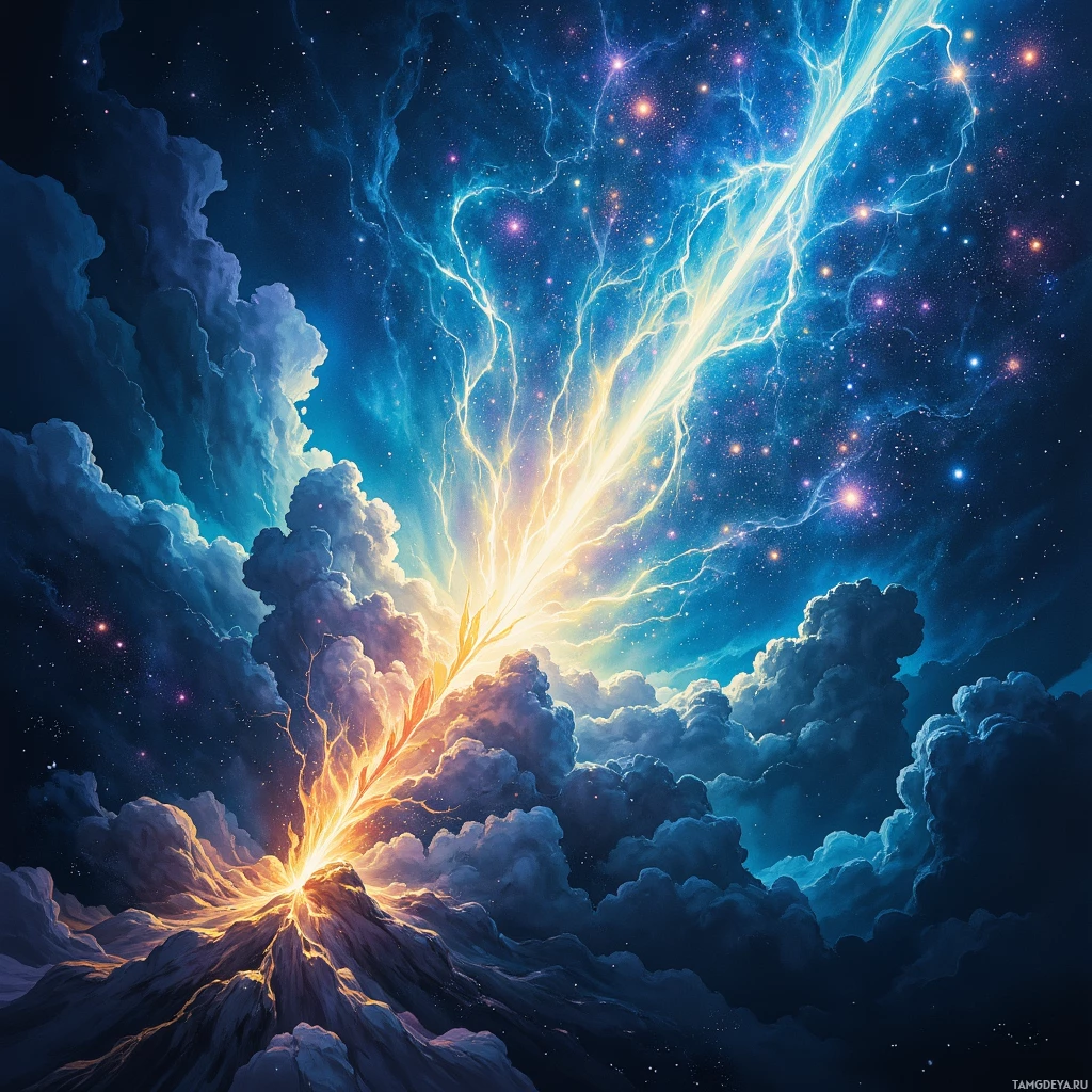 A vibrant cosmic scene with lightning bolts and stars in a night sky.