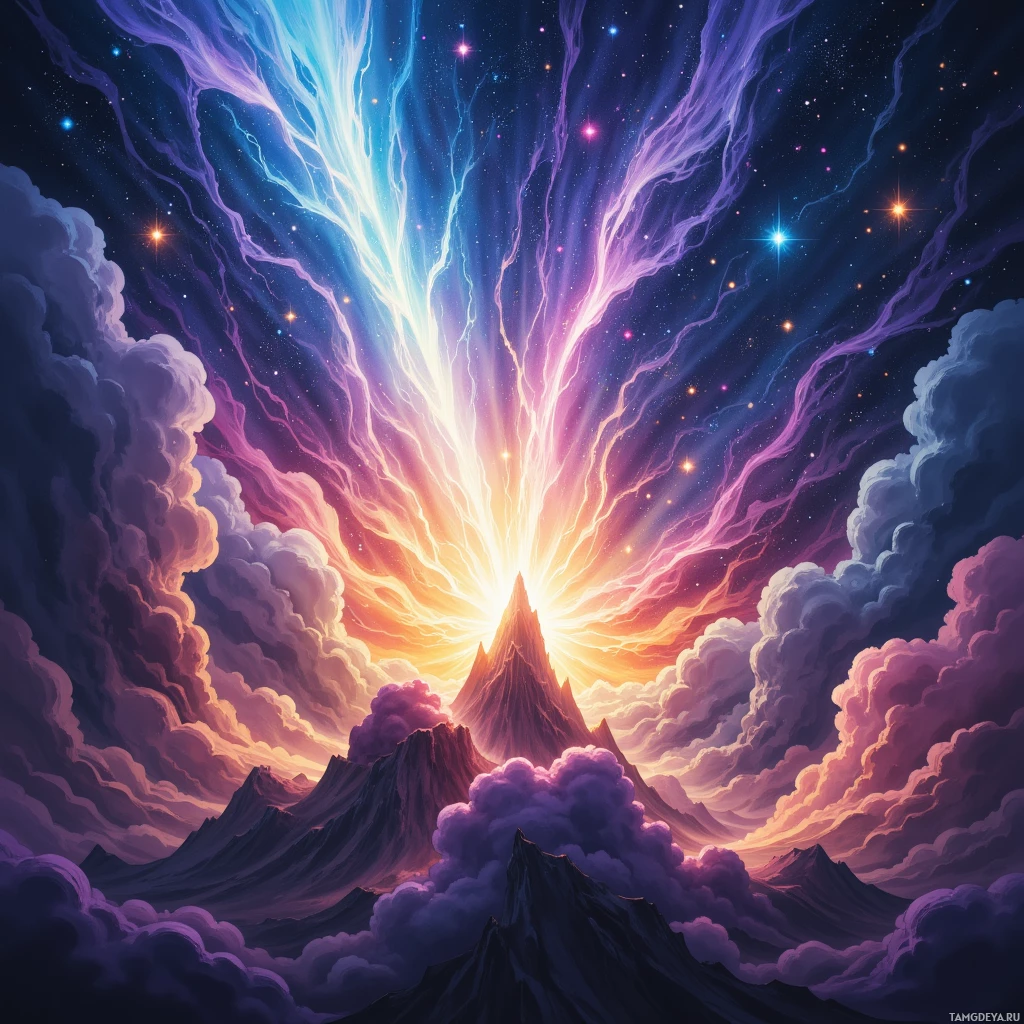 A vibrant, cosmic scene featuring a mountainous landscape with radiant light beams and starry skies.