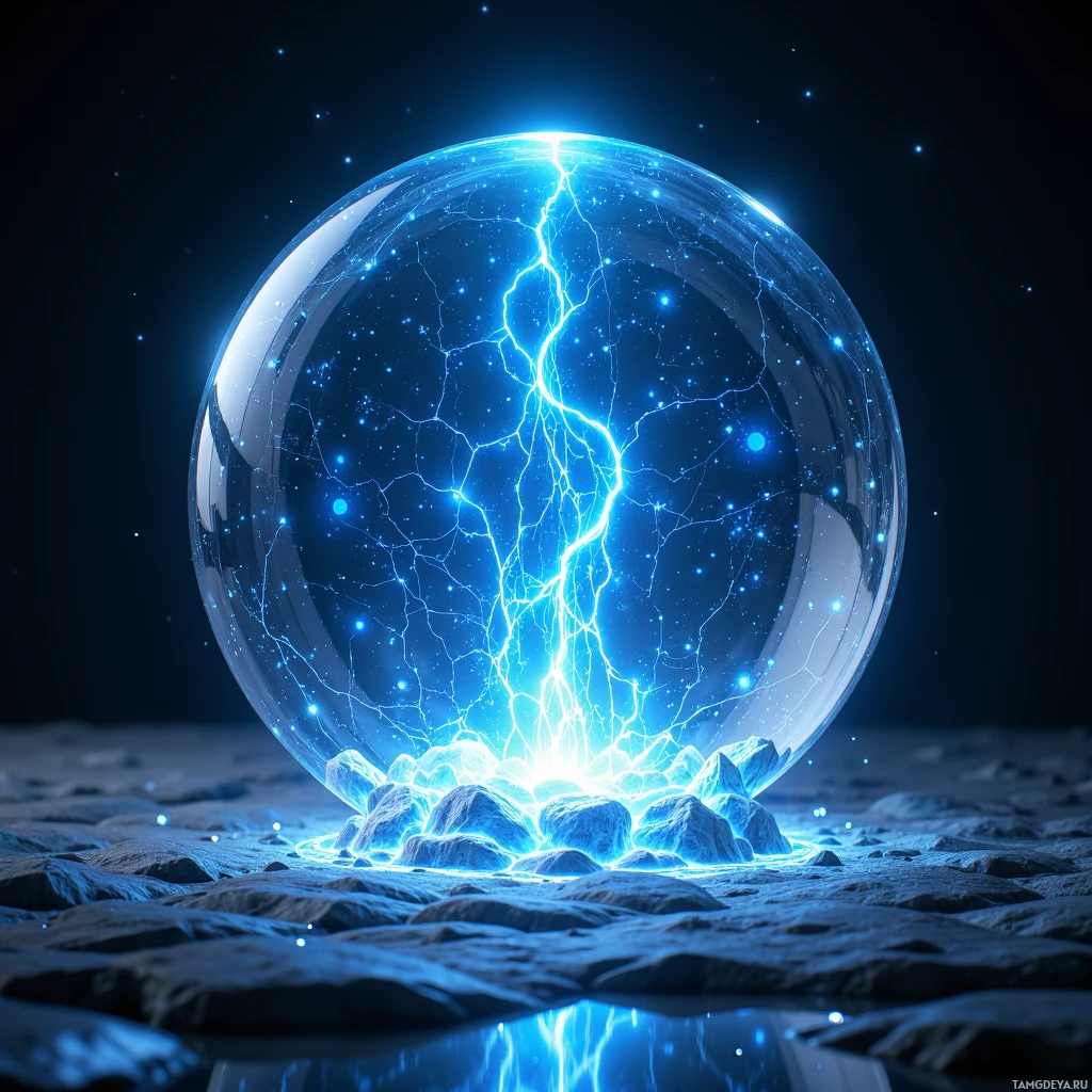A glowing blue crystal sphere with lightning-like energy crackling inside, resting on rocky terrain under a starry night sky.