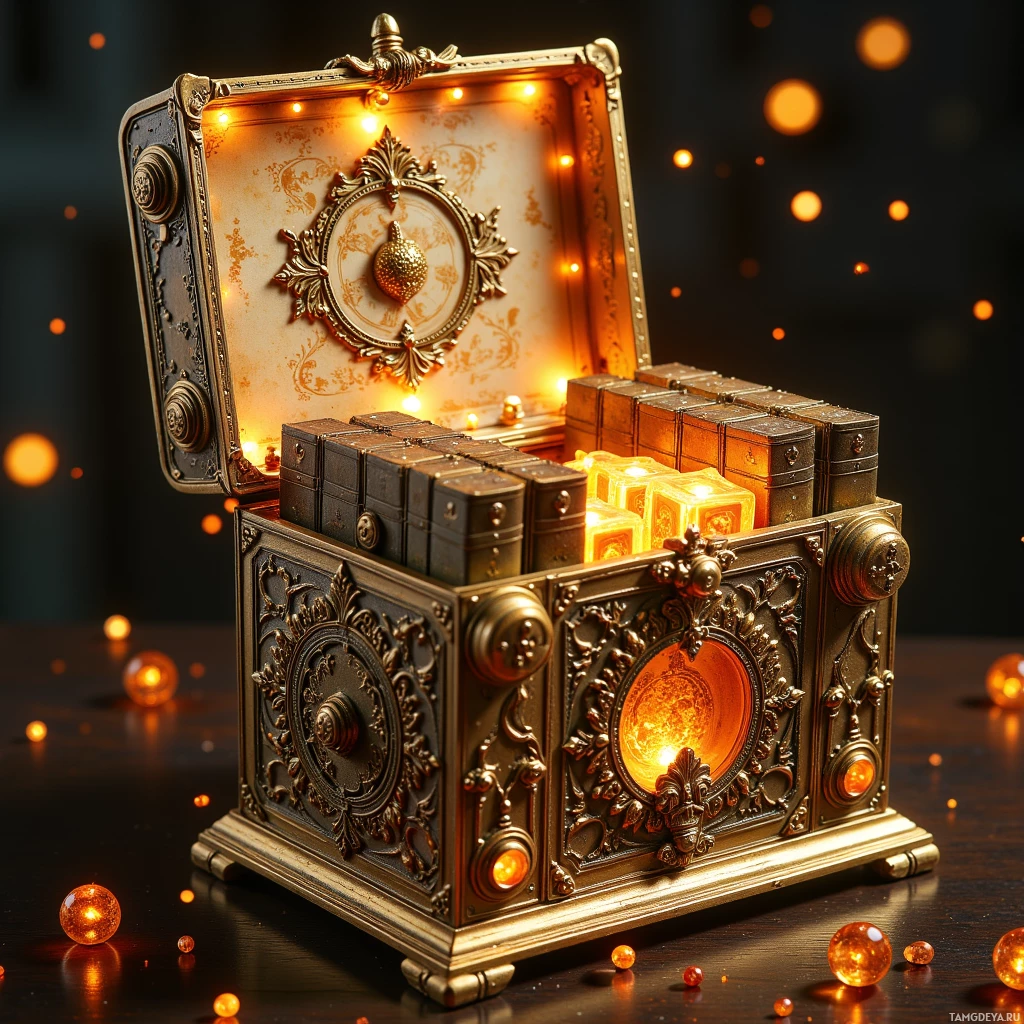 An ornate, illuminated treasure chest with glowing contents and decorative elements.