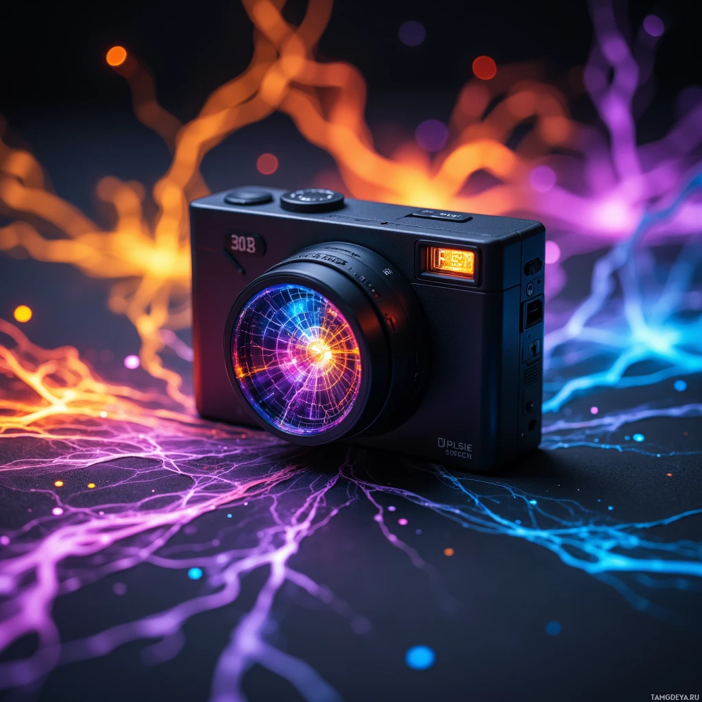 Semi-abstract image with many light, that is suitable for the post:  pocket‑sized spectral camera, matte‑black body, swirling iridescent lens like a broken mirror, tiny OLED display, single button, sleek compact design.