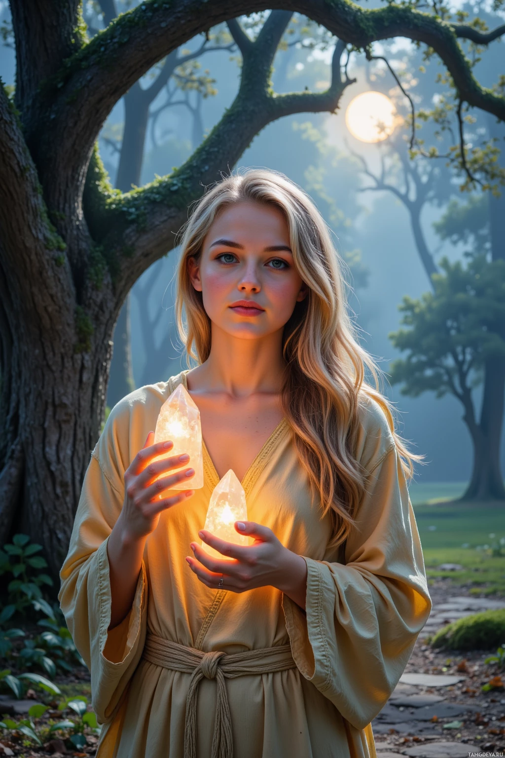 Realistic high quality photo. A radiant 25‑year‑old woman with flowing golden blonde hair and sparkling blue eyes, wearing shimmering sunlit robes, walks through a moonlit forest glade of silver vines around an ancient oak, holding a softly glowing crystal that lights her hopeful smile.