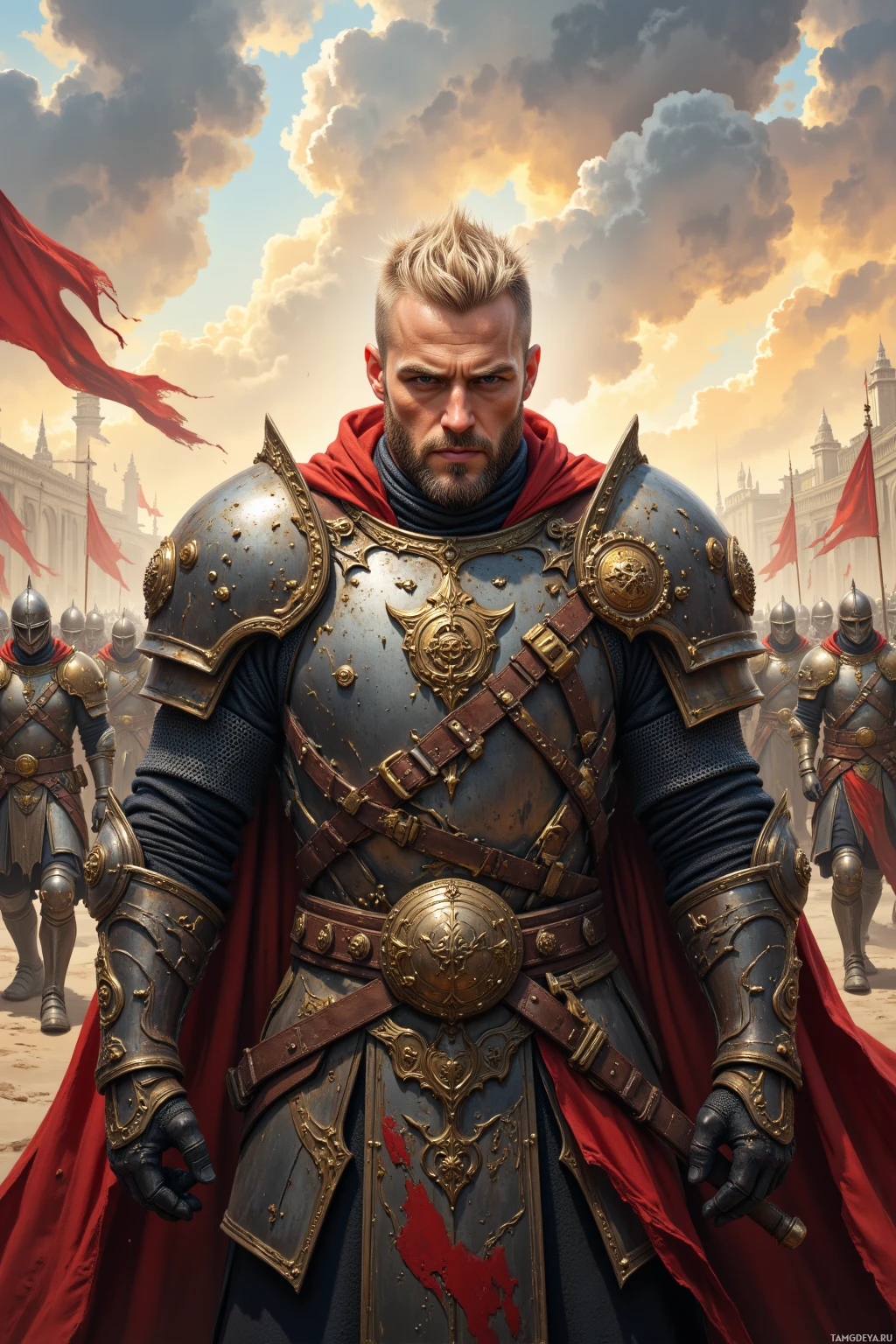 Realistic high quality photo. Male, 38, rugged man with short blonde buzz cut, piercing blue eyes, pale weathered skin, wearing imposing battle armor adorned with power symbols, holding a massive sword, standing center of dawn battlefield with fluttering banners in wind, army moving as a single pulse behind him, calm and commanding.