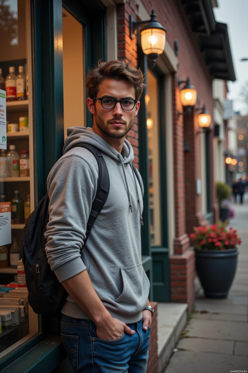 Realistic high quality photo. A 29‑year‑old man with messy brown hair, glasses, bright blue eyes, wearing a casual grey hoodie, jeans and sneakers, standing at dusk outside an old brick pharmacy with soft amber streetlamp glow highlighting the windows, his gaze fixed on the glass as a subtle city hum surrounds the scene.
