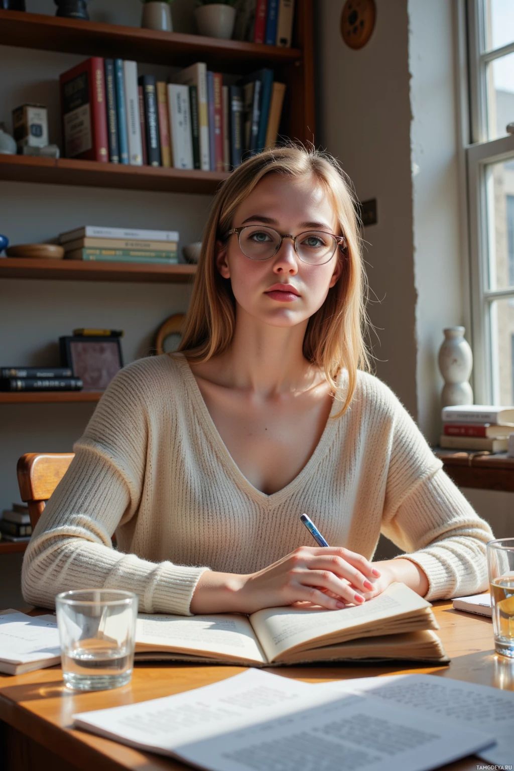 Realistic high quality photo. A 29‑year‑old woman with straight light brown hair, round glasses, bright green eyes, wearing a soft sweater and jeans, sits at a wooden desk cluttered with open journals and a glass of still water, bathed in gentle afternoon light, deeply focused on mapping the nuances of a single word like constellations of language.