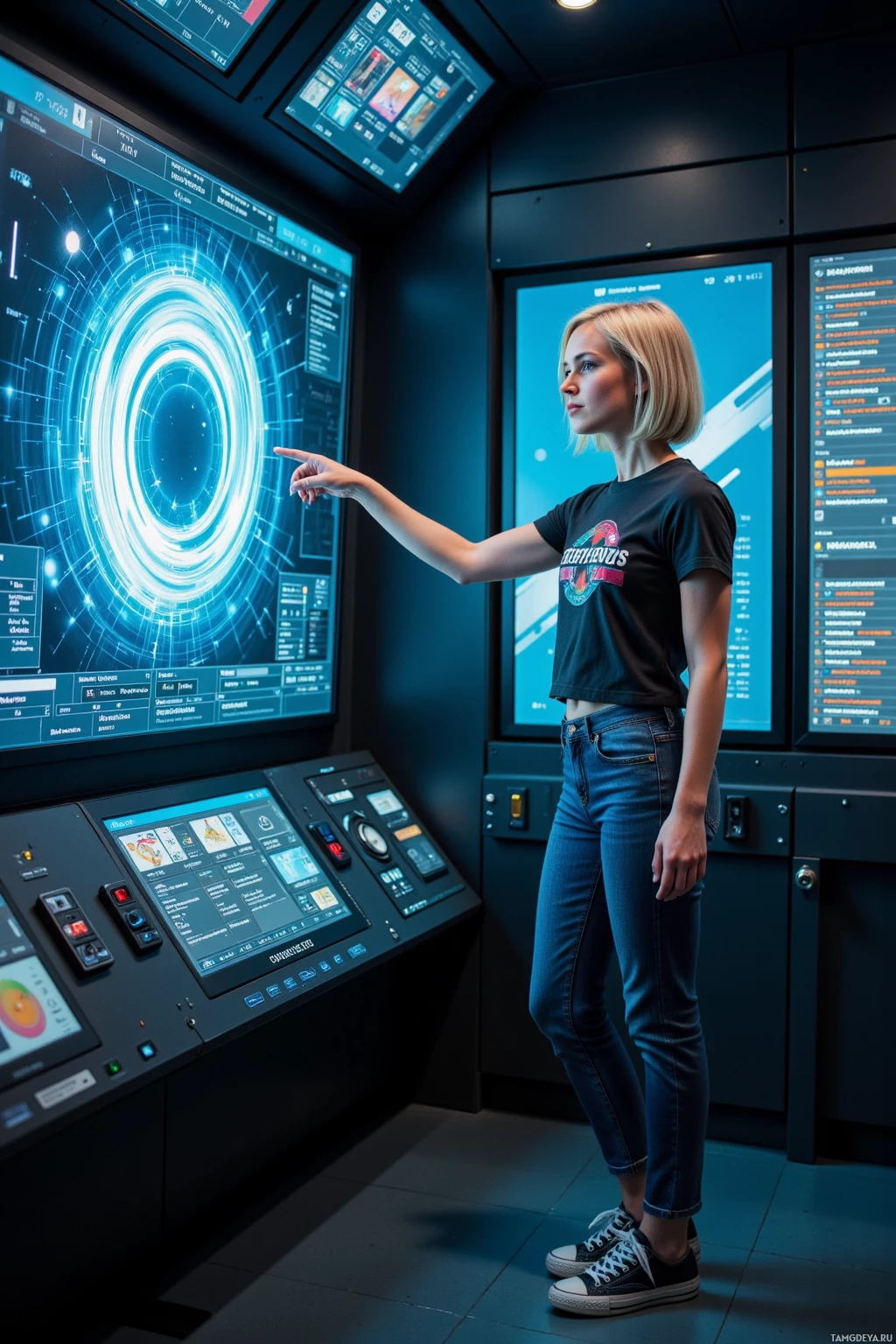 Realistic high quality photo. A 26‑year‑old woman with short blonde hair and bright blue eyes, wearing a black graphic t‑shirt, high‑waisted jeans, and Converse shoes, stands at 03:17 in a dimly lit high‑tech control room, pointing at a swirling holographic data stream with a flickering glitch, surrounded by floating error messages and diagnostic code panels.