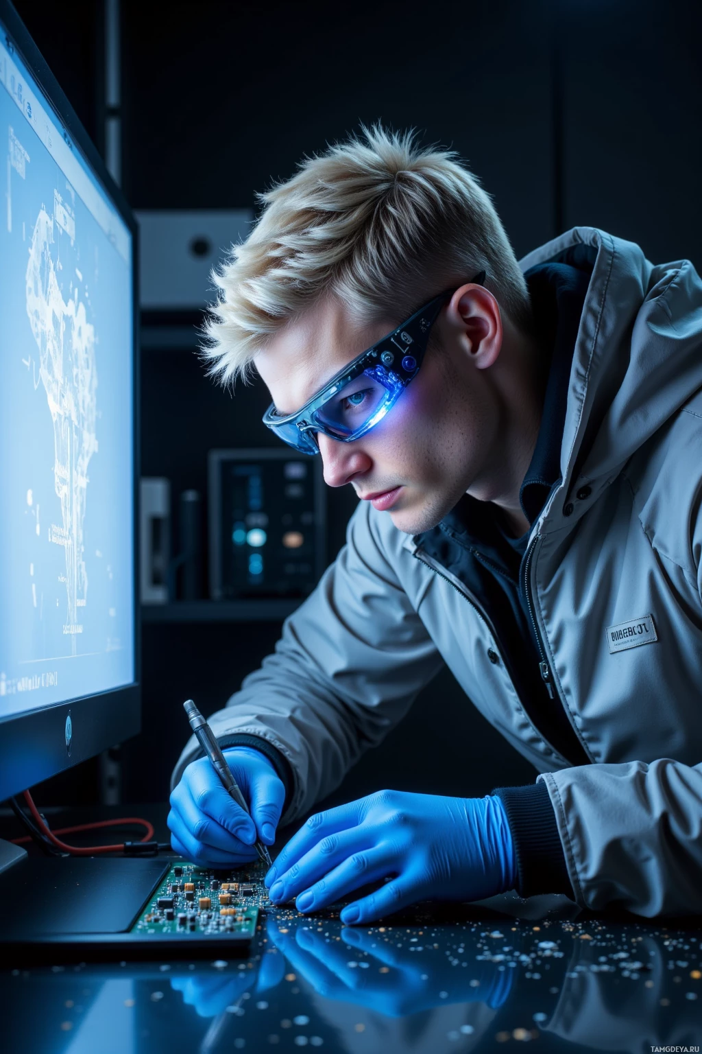 Realistic high quality photo. Male, 29, short blonde hair, blue eyes, sharp jawline, wearing a silver jacket, digital visor, glowing blue gloves, intensely soldering on a circuit board in a dim workshop lit by a bright monitor that doubles as moonlight, surrounded by computer screens displaying binary code, late‑night debugging atmosphere.