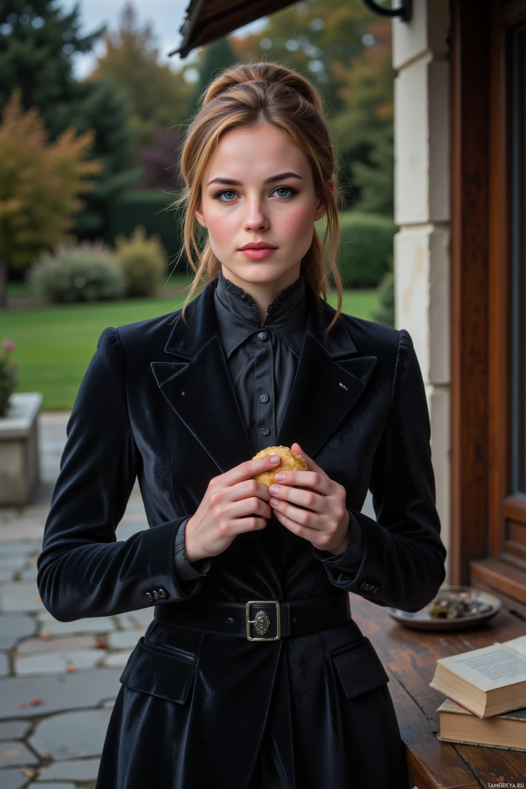 Realistic high quality photo. 32‑year‑old woman with long chestnut hair in an elegant updo, porcelain skin with golden undertones, piercing green eyes, wearing a fitted dark velvet high‑collared suit and feathered hat, standing in a twilight garden with stone pathways and old books on a wooden table, laughing softly while holding a forgotten pastry at a small corner café, a gentle breeze swaying her velvet coat as she quietly exchanges secrets.
