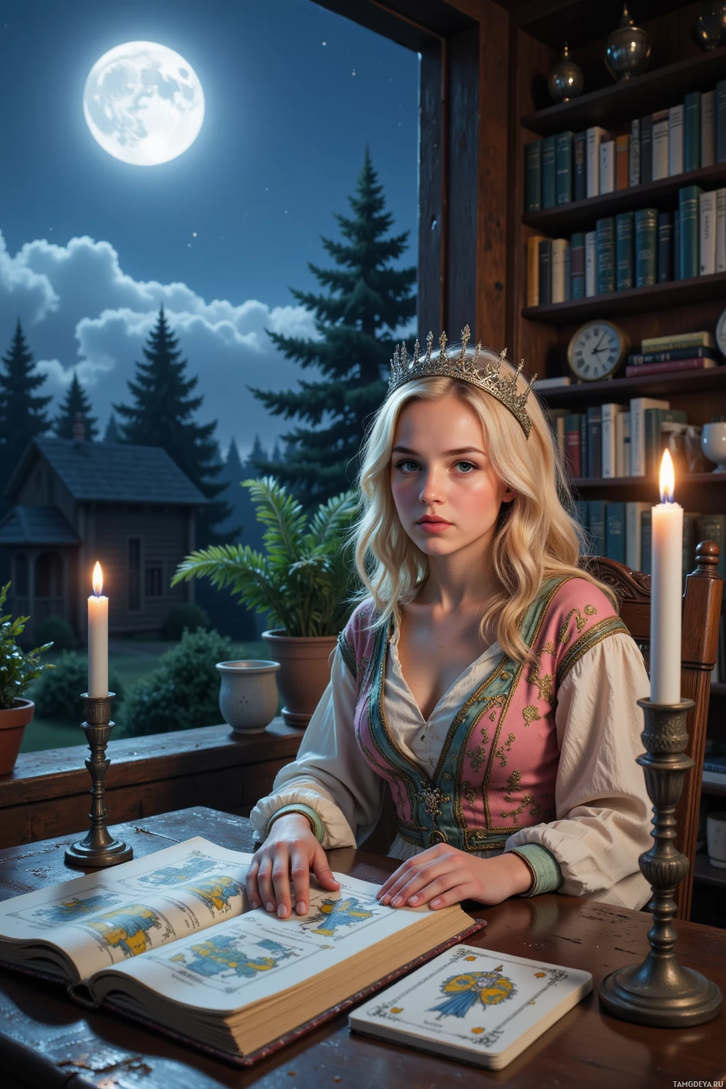 Realistic high quality photo. A young woman with pastel‑colored wavy hair, sparkling blue eyes, pale glowing skin, wearing flowing mystical patterned fabrics and a glittering crown headpiece, sits on a low wooden chair in her moonlit study, surrounded by open tarot cards and an enchanted notebook, as distant drumbeats echo from a neighboring cottage at midnight.