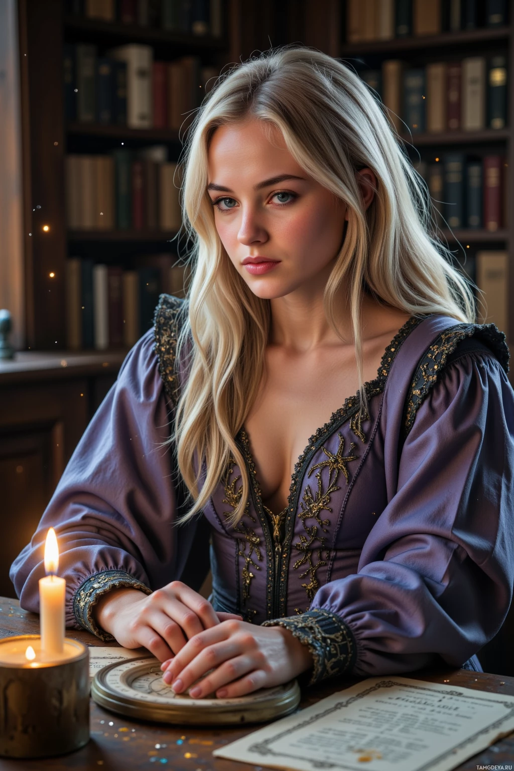 Realistic high quality photo. A 27‑year‑old woman with long silvery blonde waves, fair skin, light blue eyes, wearing a flowing medieval‑inspired gown with lace and faded velvet, sits in a candlelit study at night, watching an antique compass on a dusty desk as glittery confetti swirls around and star‑shimmer reflects in the glass.
