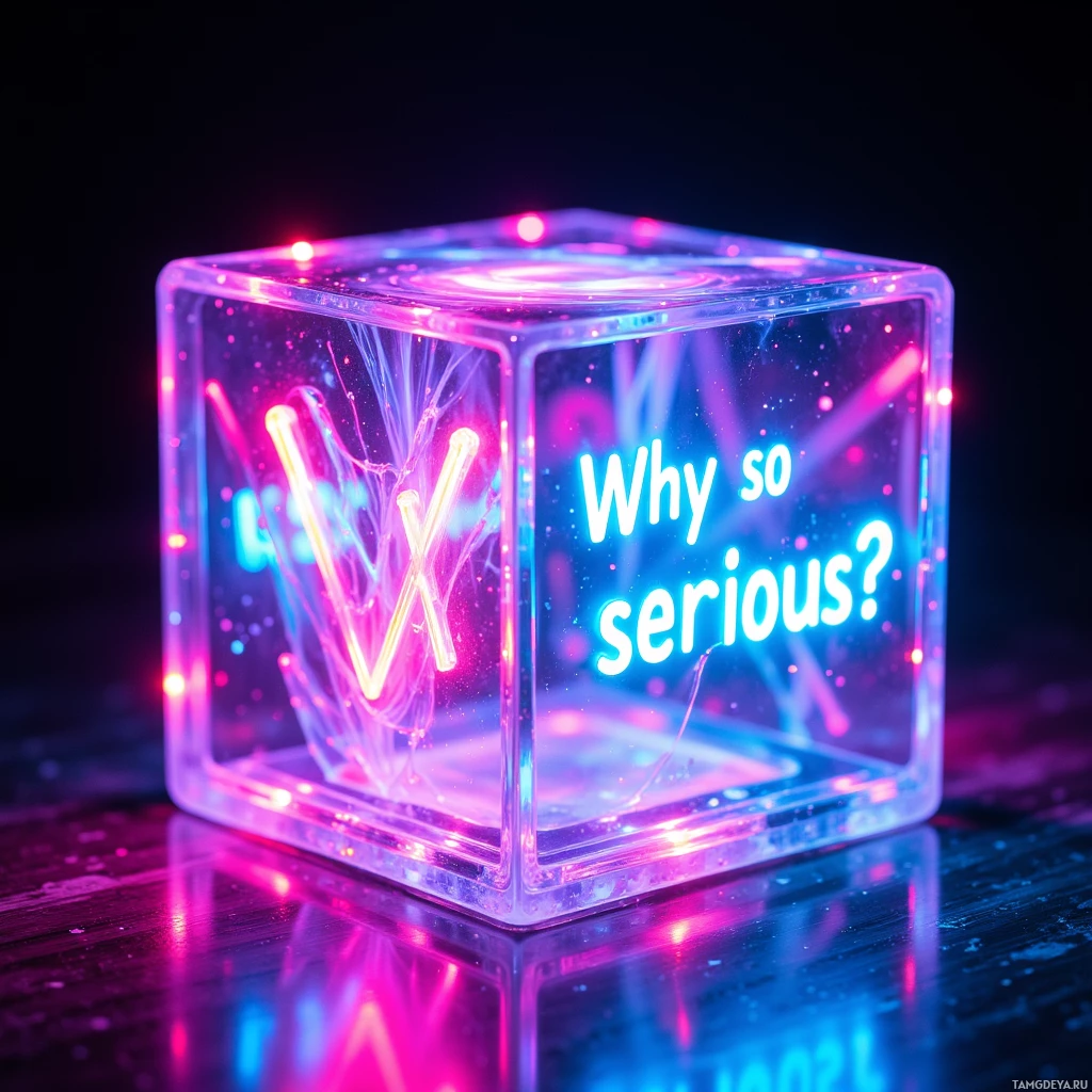 Semi-abstract image with many light, that is suitable for the post:  Tiny translucent neon‑lit cube with glowing LED edges, projecting swirling holographic light and a floating text bubble that reads “Why so serious?” in bright neon lettering.