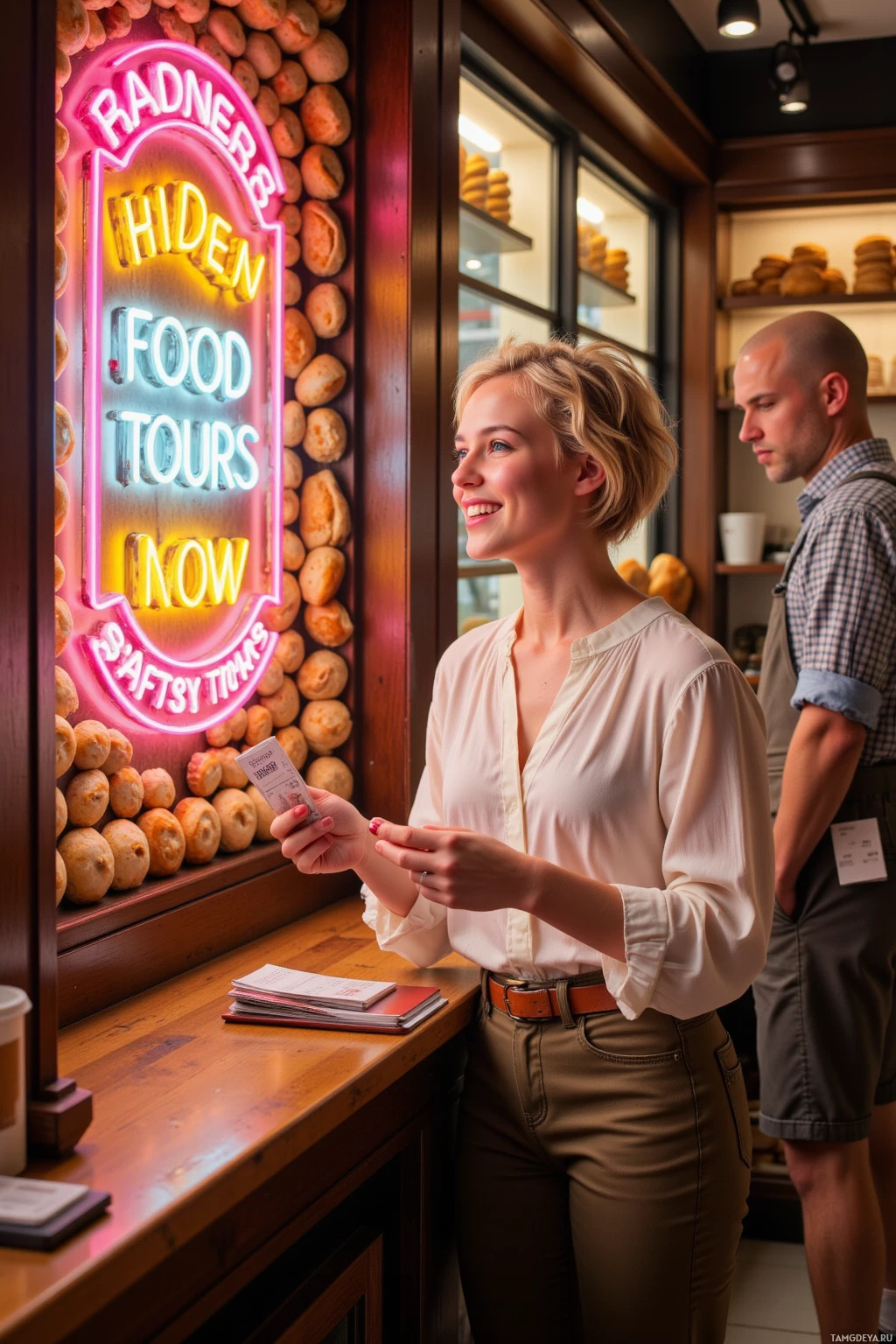 A woman stands at a bakery counter, holding a ticket and smiling.