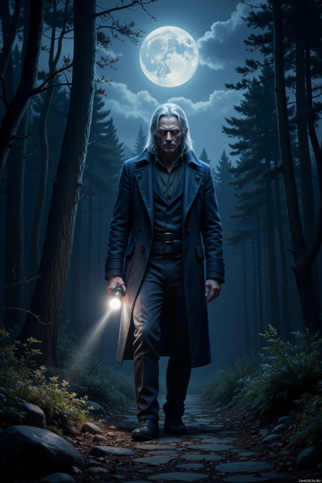 A man in a long coat stands in a forest at night, holding a flashlight.