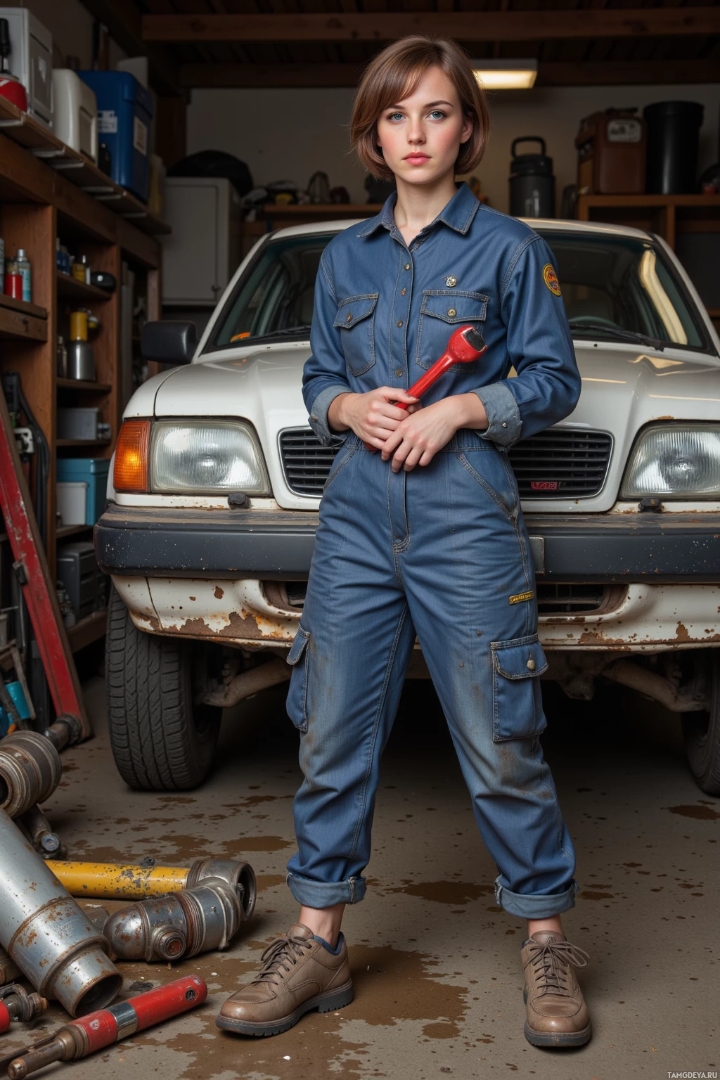 A person in a blue denim jumpsuit stands in a garage, holding a red tool, with a white vehicle and various tools and equipment in the background.