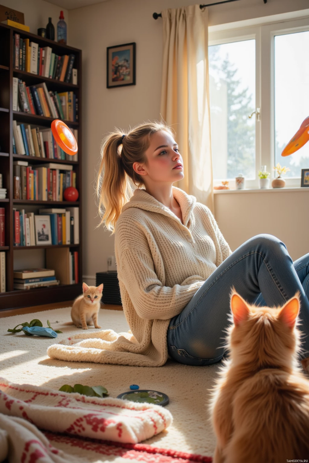 A person sits on the floor in a cozy room with a bookshelf, looking out a window, while a cat sits nearby.