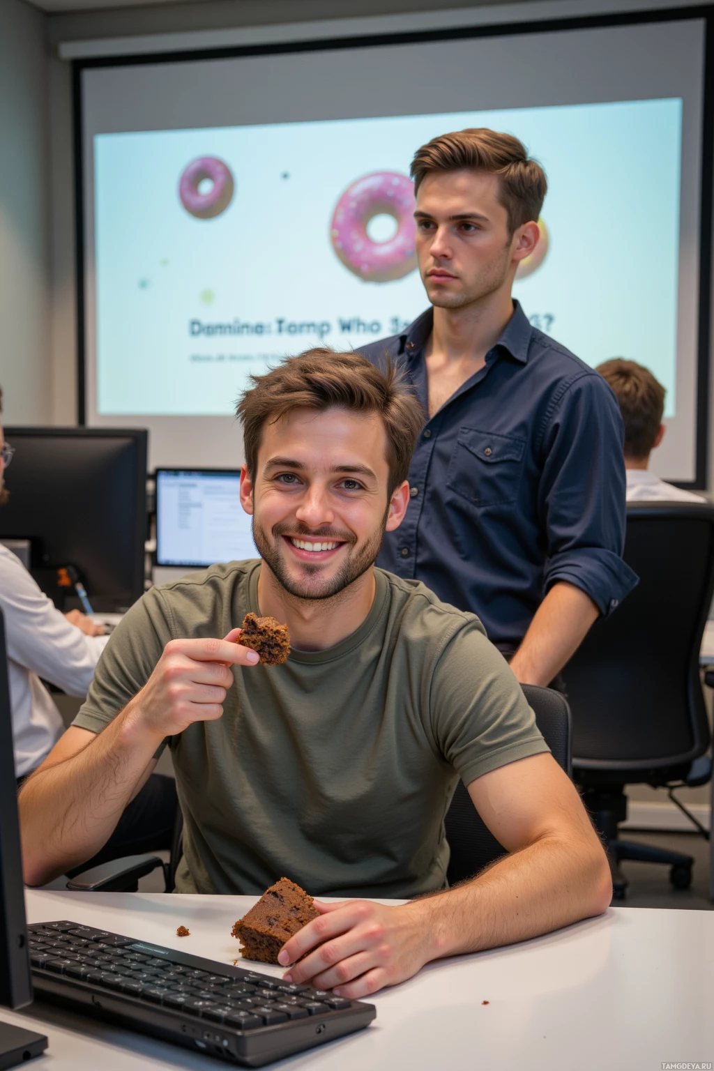 Two individuals are in an office setting, one is eating a piece of cake while the other stands behind.