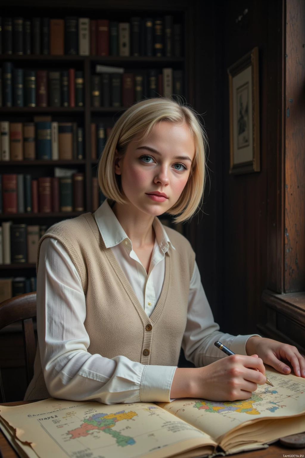 A person is sitting at a desk in a library, writing in a notebook with a pen.