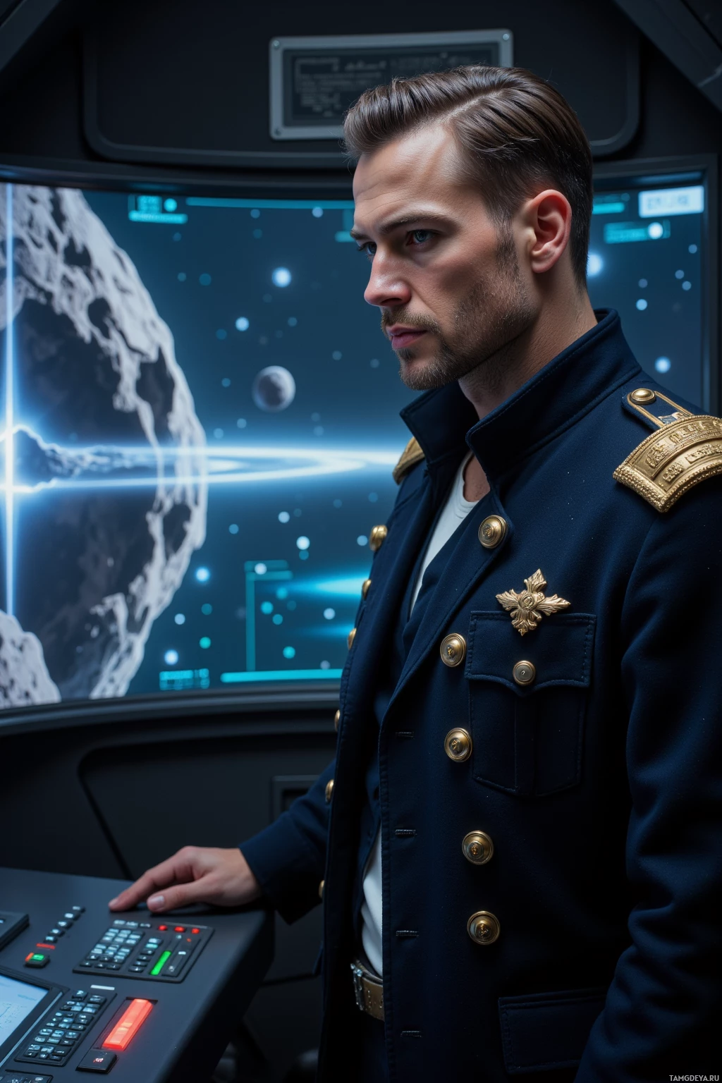 A man in a navy uniform stands in a futuristic control room, looking out at a large screen displaying a celestial scene.