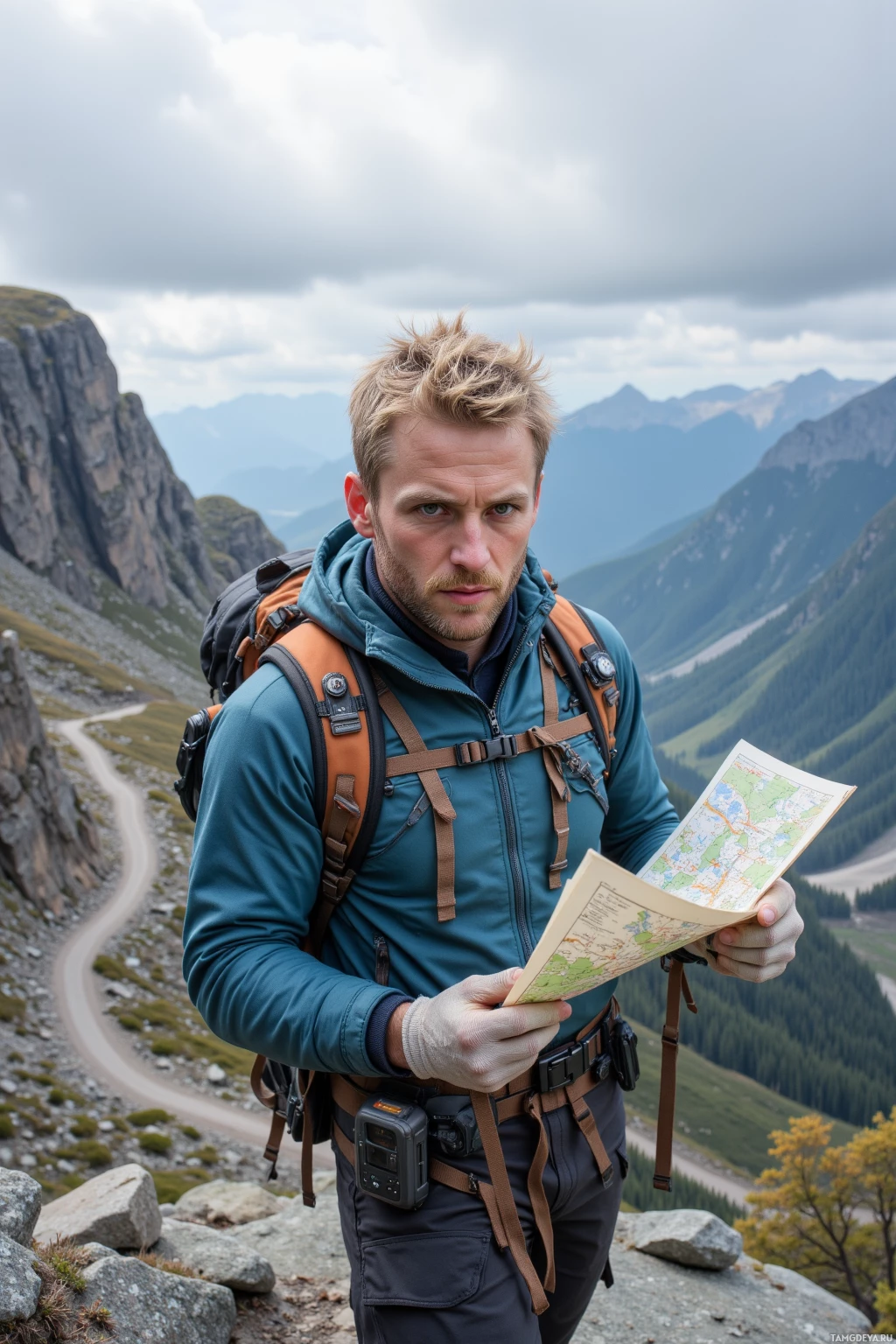 A hiker stands on a mountain peak, holding a map and wearing a backpack.