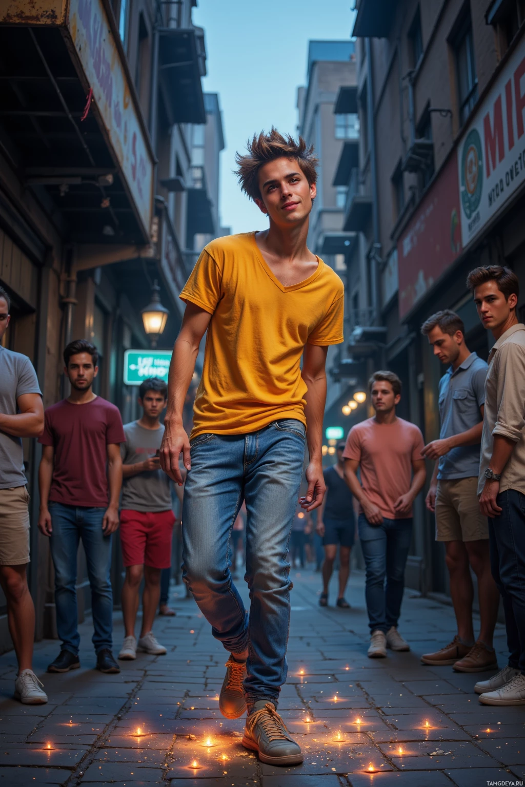A young man in a yellow shirt and jeans walks down a narrow street lined with buildings and people.