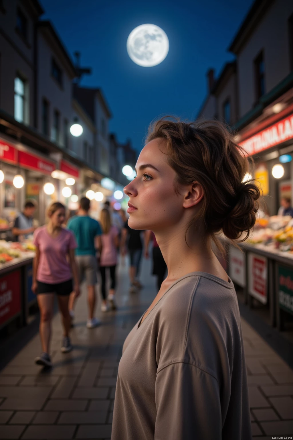Realistic high quality photo. A serene woman in her 30s with curly brown hair tied back and smooth skin, wearing loose comfortable clothes suitable for meditation, stands in a quiet night market under a bright full moon, calmly observing a few strangers walking past while softly glowing market stalls illuminate the background.
