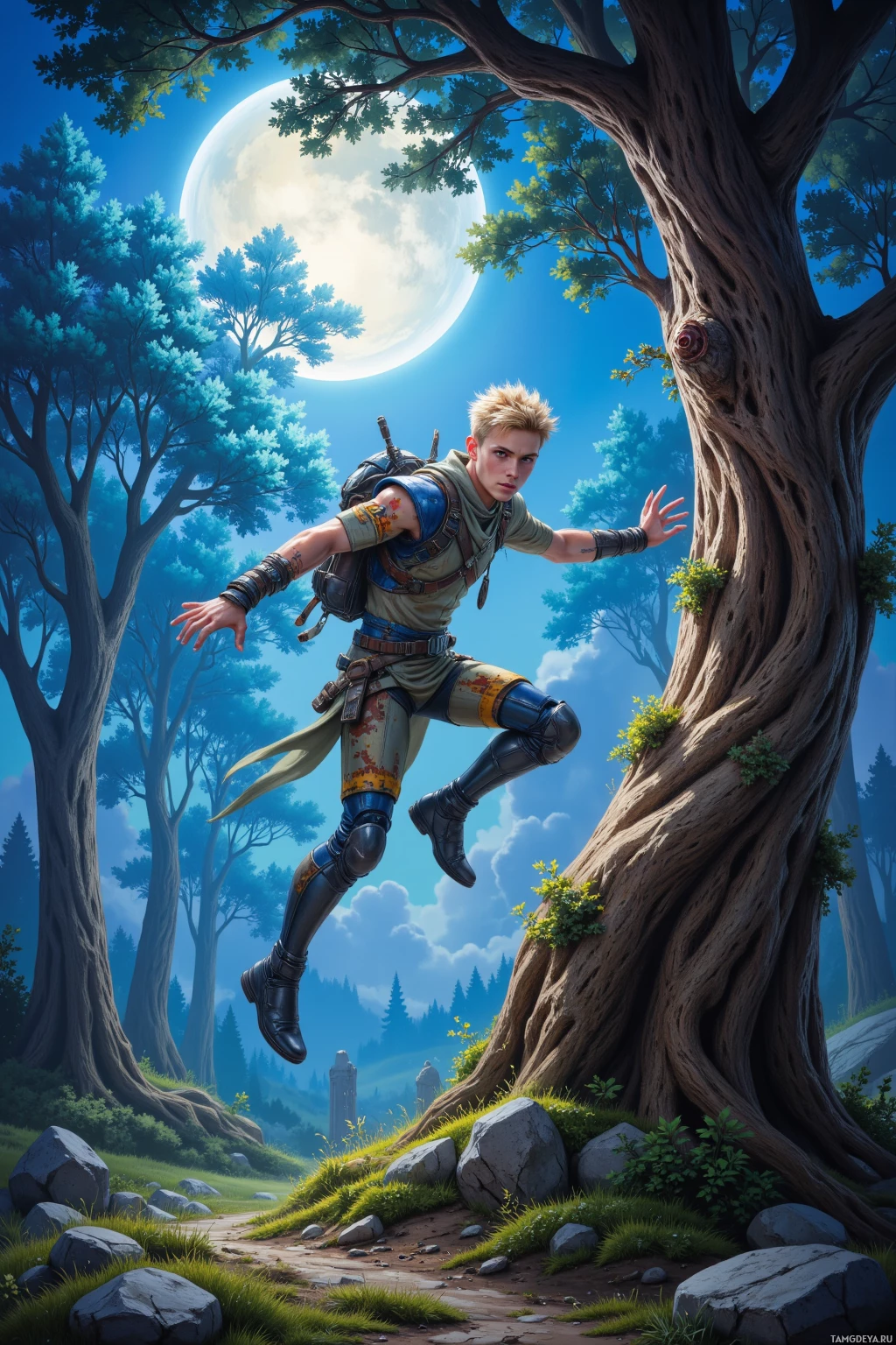 A young adventurer leaps through a forest under a full moon.