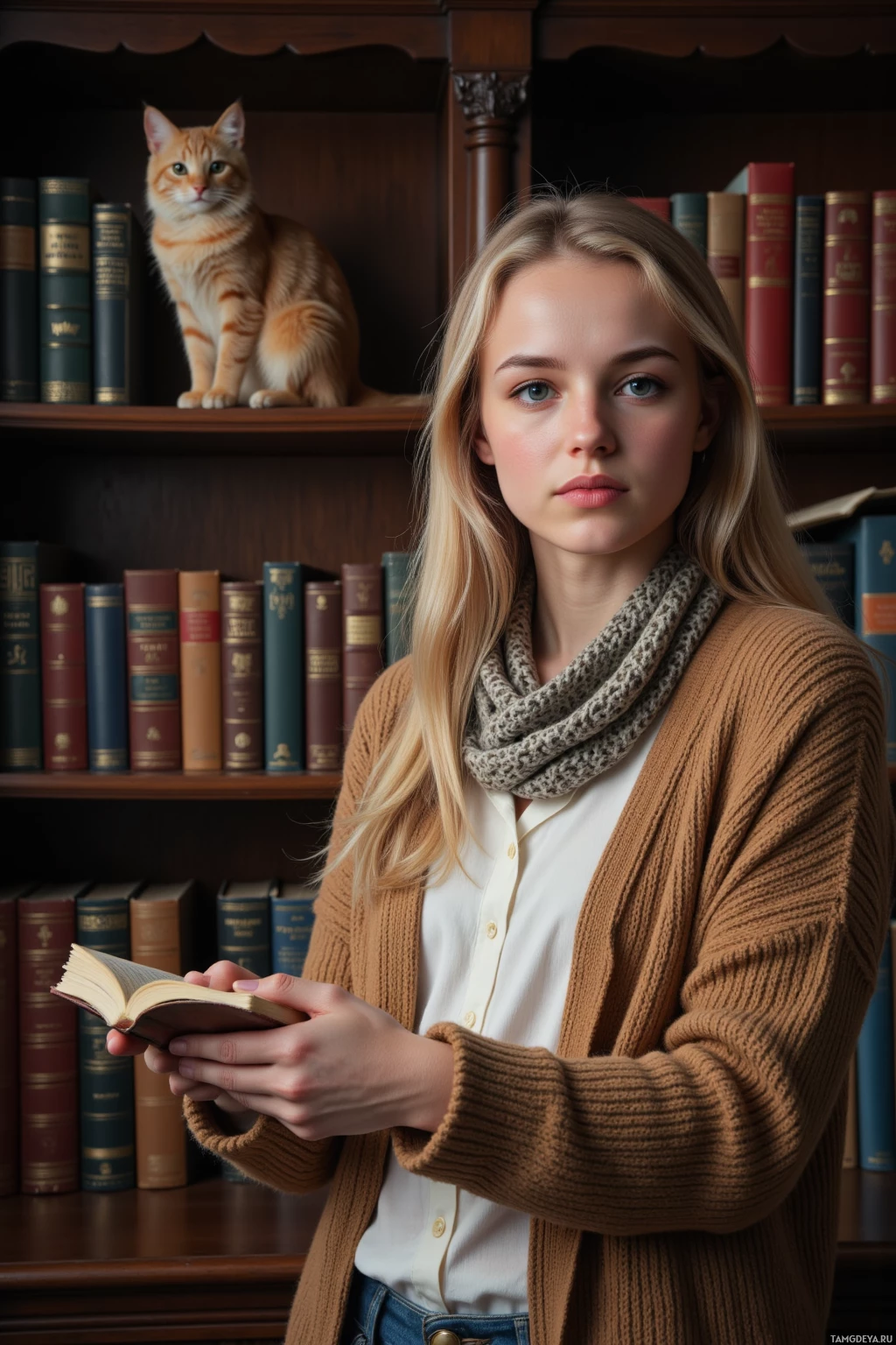 A young woman stands in front of a bookshelf, holding an open book, with a cat perched on the shelf behind her.