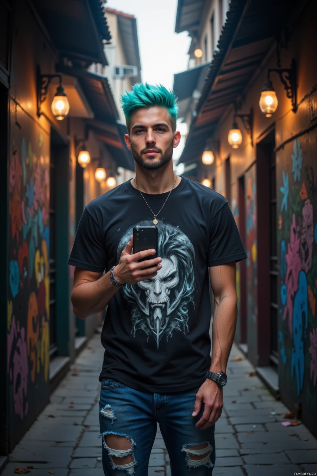 A man with teal hair stands in an alleyway, holding a phone and wearing a t-shirt with a graphic design.